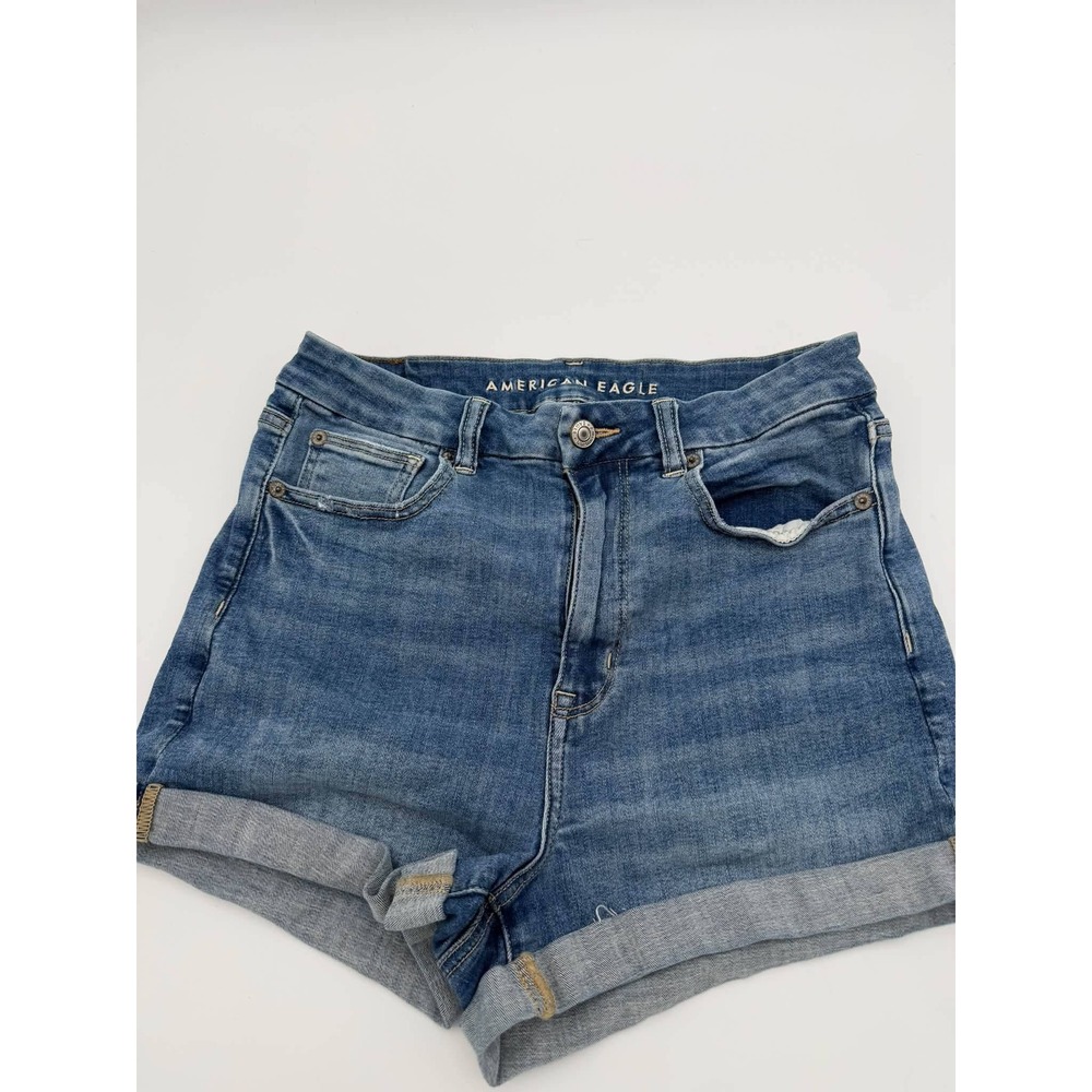 American Eagle 8 Blue Denim High Waisted Midi Shorts Cuffed Distressed Festival